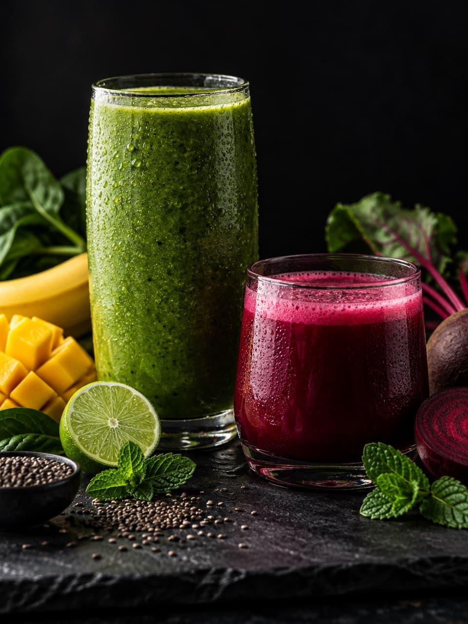 A green smoothie and a beetroot drink on dark stone with mint, lime and chia