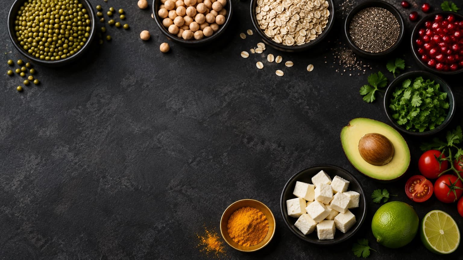 Healthy ingredients laid out on dark stone: lentils, chickpeas, oats, avocado, paneer and spices