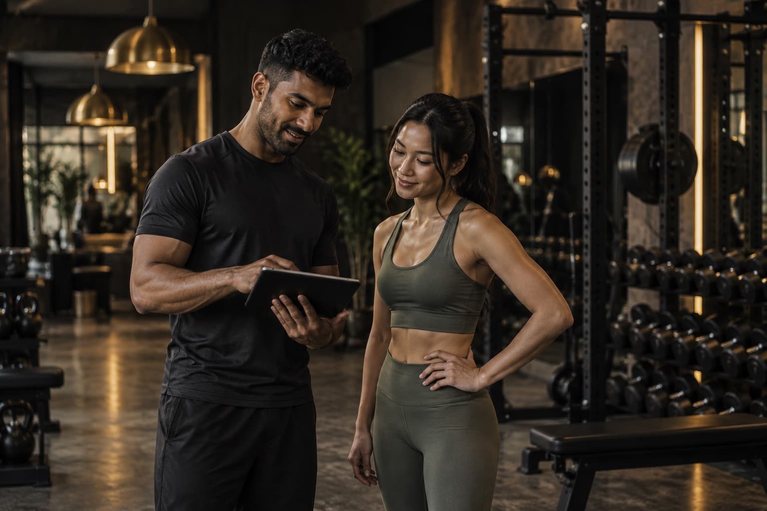 A coach showing his client her programme on a tablet in a gym